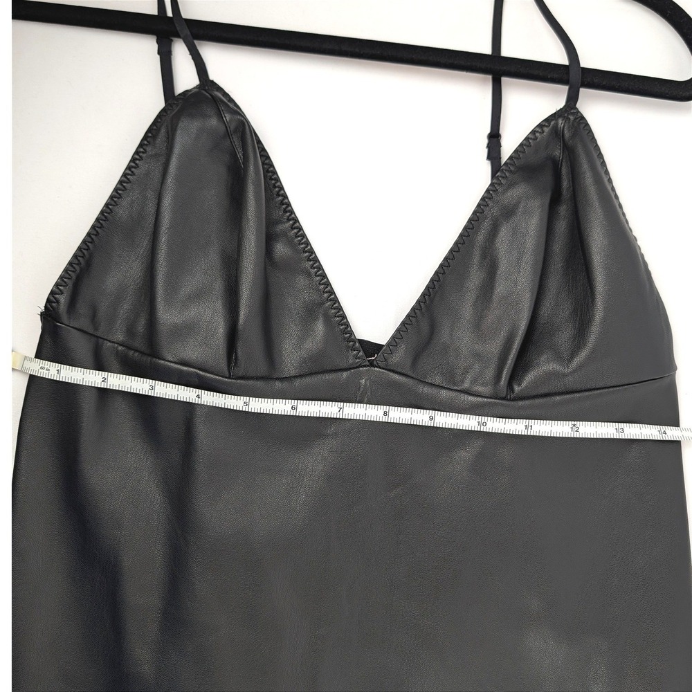 Black Faux Leather V-Neck Mini Dress Empire Waist Adjustable Spaghetti Straps M - Picture 9 of 13